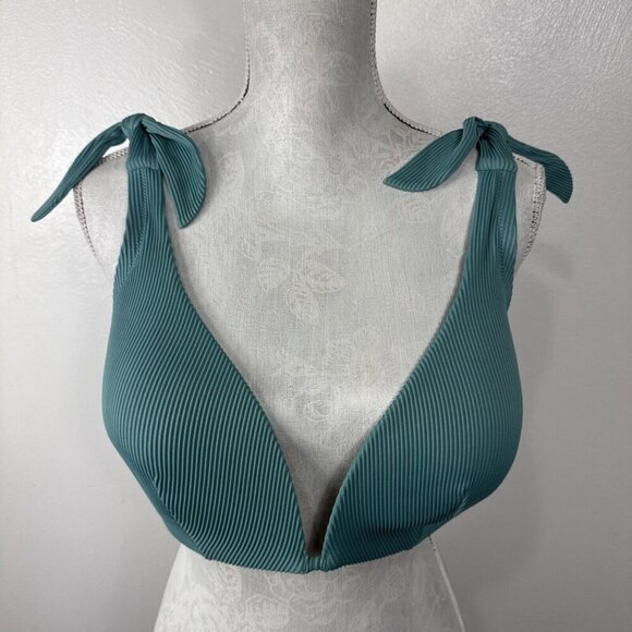 Shade & Shore Women's 38DD Padded Tie Shoulder Plunge Rib Swim Top Green - Picture 3 of 15